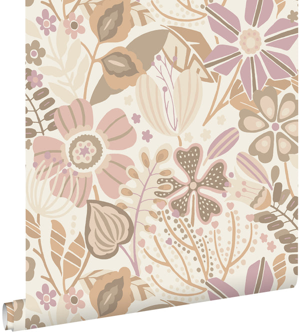 vtwonen ESTAhome behang bloemmotief beige en lila paars - 0.53 x 10.05 m - 139675