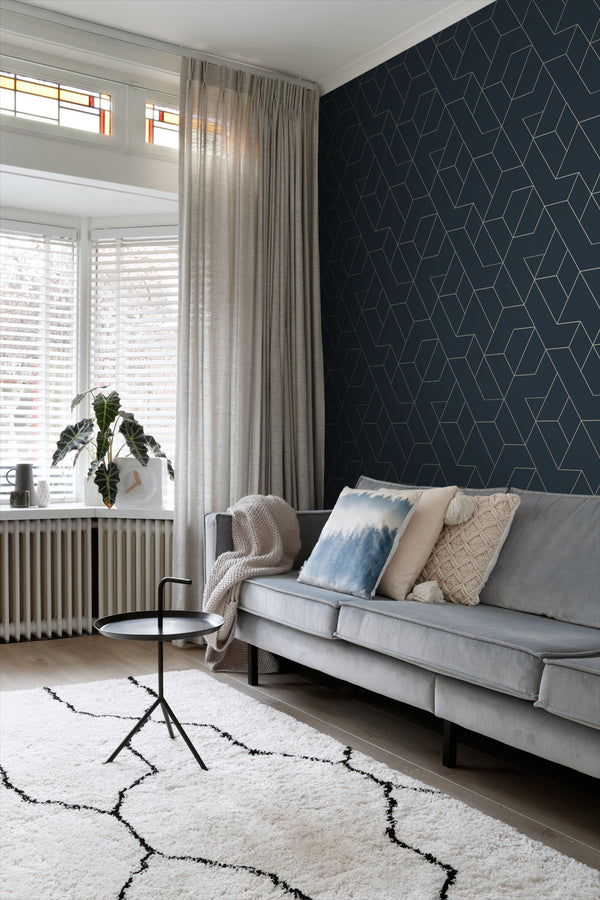 Vtwonen ESTAhome Behang Grafische Lijnen Donkerblauw En Goud - 50 X 900 Cm - 139946