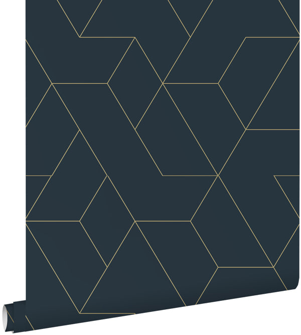 vtwonen ESTAhome behang grafische lijnen donkerblauw en goud - 50 x 900 cm - 139946