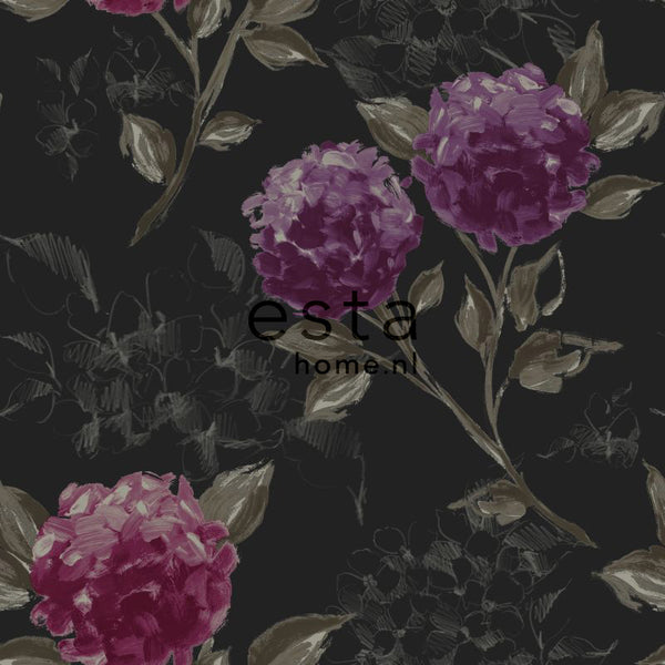 Vtwonen ESTAhome Behang Hortensia's Zwart En Aubergine Paars - 53 Cm X 10 05 M - 128025