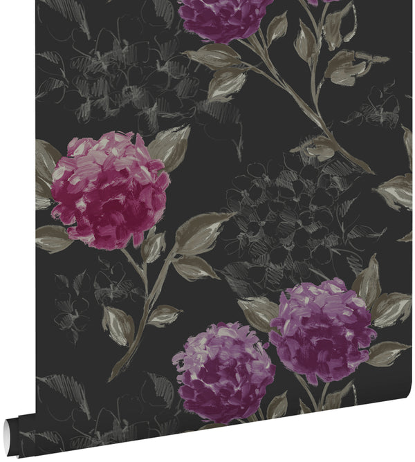 Vtwonen ESTAhome Behang Hortensia's Zwart En Aubergine Paars - 53 Cm X 10 05 M - 128025