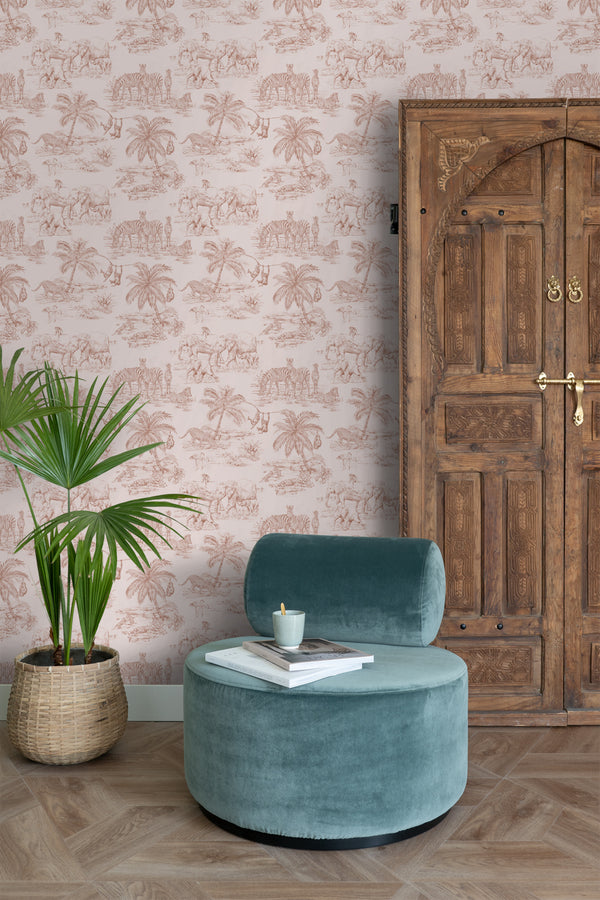 Vtwonen ESTAhome Behang Jungle Dieren Terracotta Roze - 0 53 X 10 05 M - 139348