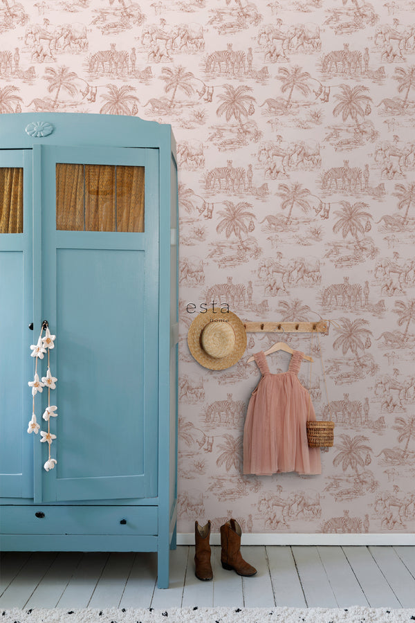 Vtwonen ESTAhome Behang Jungle Dieren Terracotta Roze - 0 53 X 10 05 M - 139348