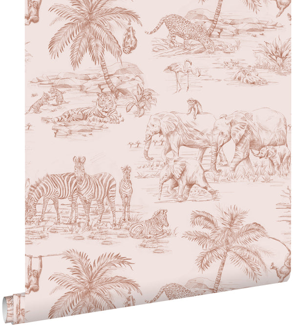 vtwonen ESTAhome behang jungle dieren terracotta roze - 0 53 x 10 05 m - 139348