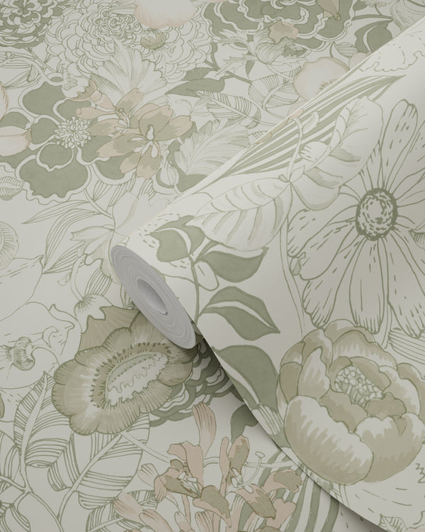 Vtwonen ESTAhome Behang Vintage Bloemen Vergrijsd Groen - 50 X 900 Cm - 139765