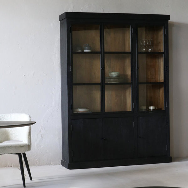 Vtwonen Giga Meubel Vitrinekast Rense - Mangohout/Metaal/Glas - Zwart - 160x40x220cm