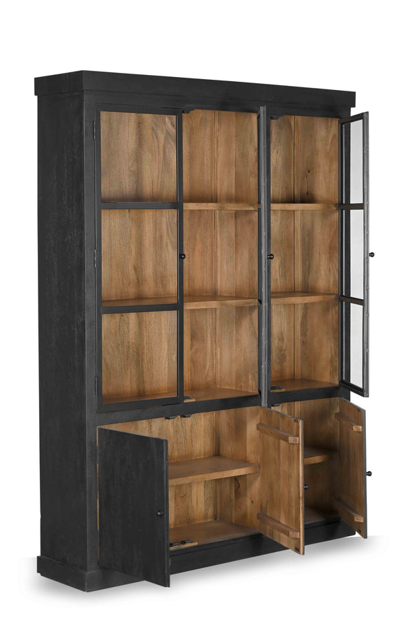 Vtwonen Giga Meubel Vitrinekast Rense - Mangohout/Metaal/Glas - Zwart - 160x40x220cm