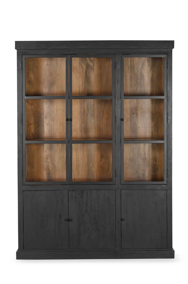 vtwonen Giga Meubel Vitrinekast Rense - Mangohout/Metaal/Glas - Zwart - 160x40x220cm