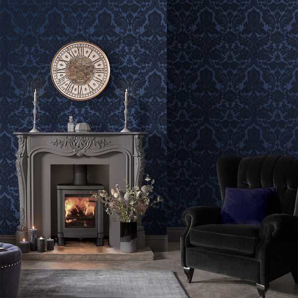 Vtwonen Graham & Brown Vliesbehang Gothic Damask Flock Cobalt Blauw
