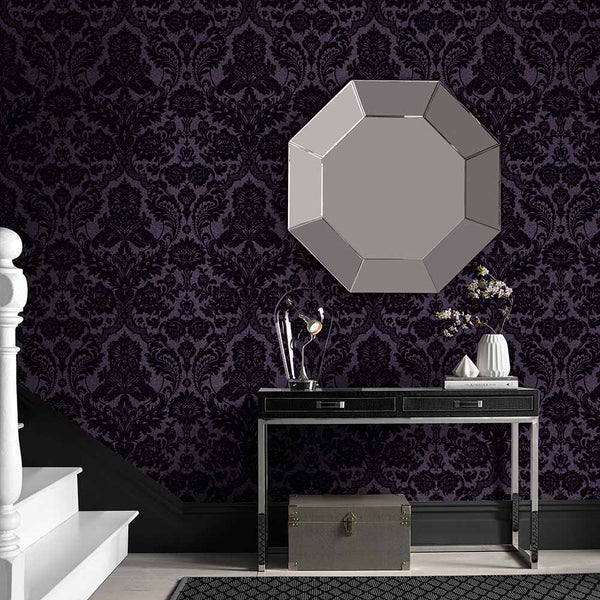 Vtwonen Graham & Brown Vliesbehang Gothic Damask Flock Plum Paars