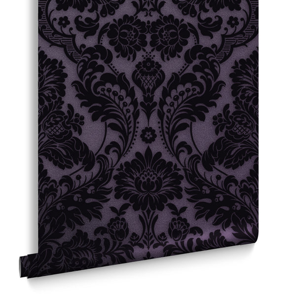 vtwonen Graham & Brown vliesbehang Gothic Damask Flock Plum paars