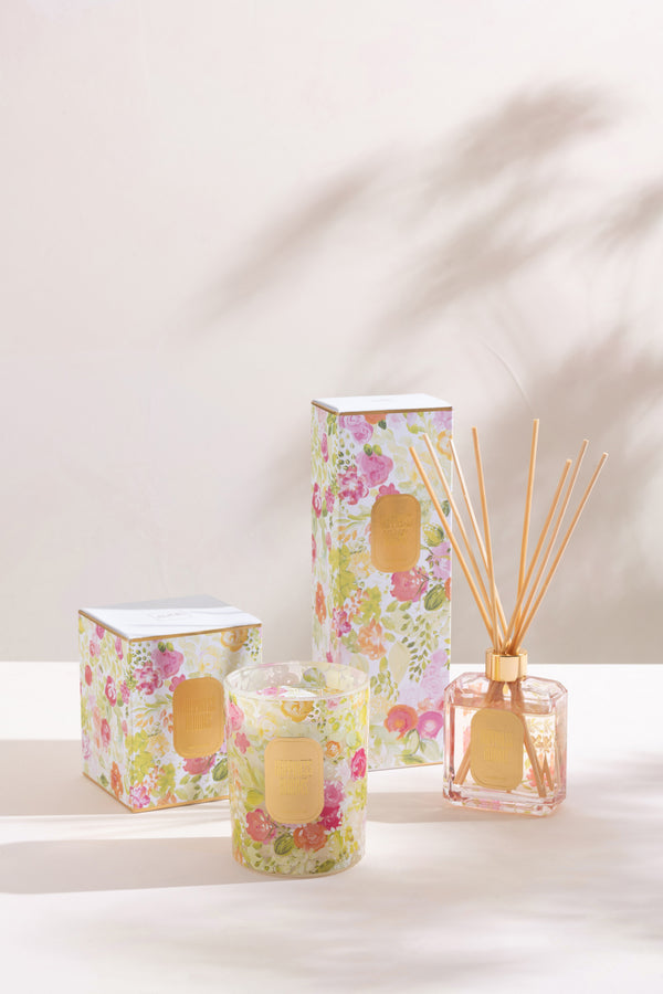 Vtwonen J-Line Geurolie + Stokjes Happiness Blooms - Mimosa & Rose - Glas - Wit