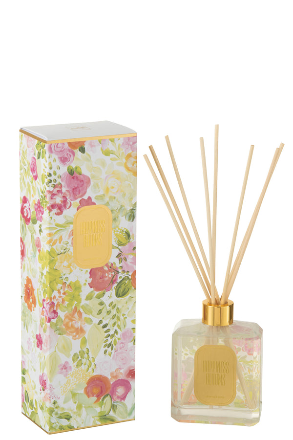 vtwonen J-Line geurolie + stokjes Happiness Blooms - Mimosa & Rose - glas - wit