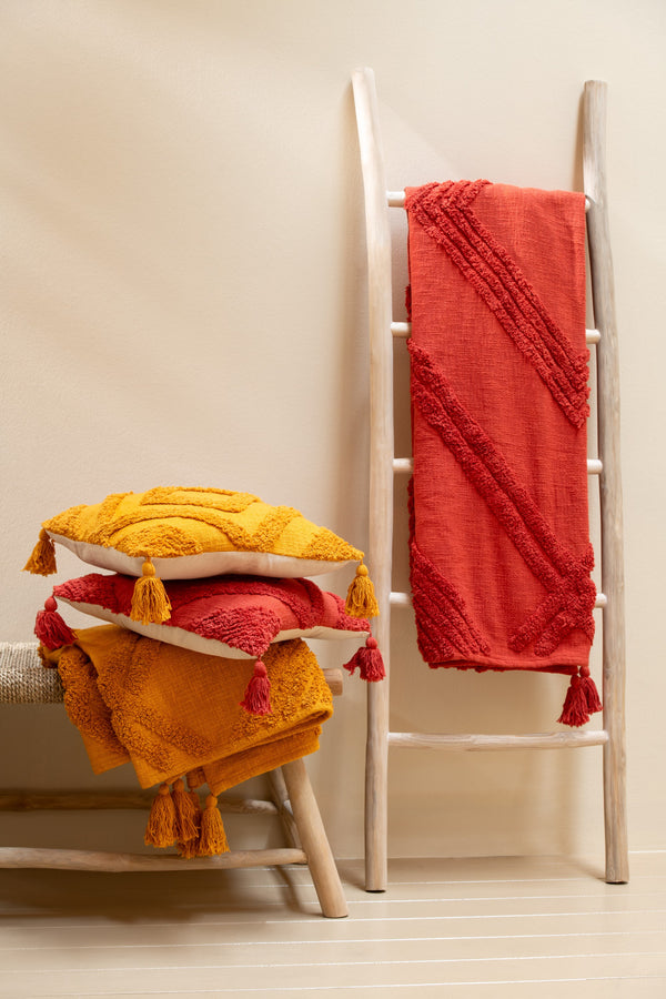 Vtwonen J-Line Plaid Getuft + Kwasten - Katoen - Rood - 130 X 180 Cm