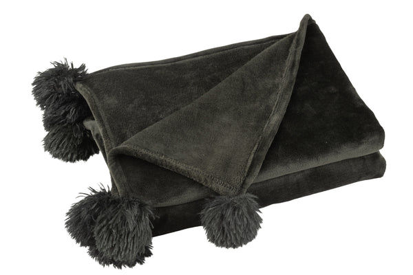 Vtwonen J-Line Plaid Pompom - Polyester - Zwart - 170 X 130 Cm