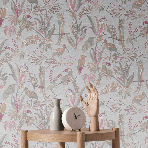vtwonen Livingwalls behang vogel grijs rood roze en bruin - 53 cm x 10 05 m - AS-388981