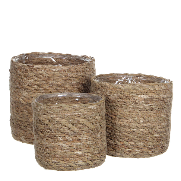 vtwonen Mica Decorations Atlantic Plantenmand - Set van 3 - H16 x Ø16 cm - Zeegras - Lichtbruin
