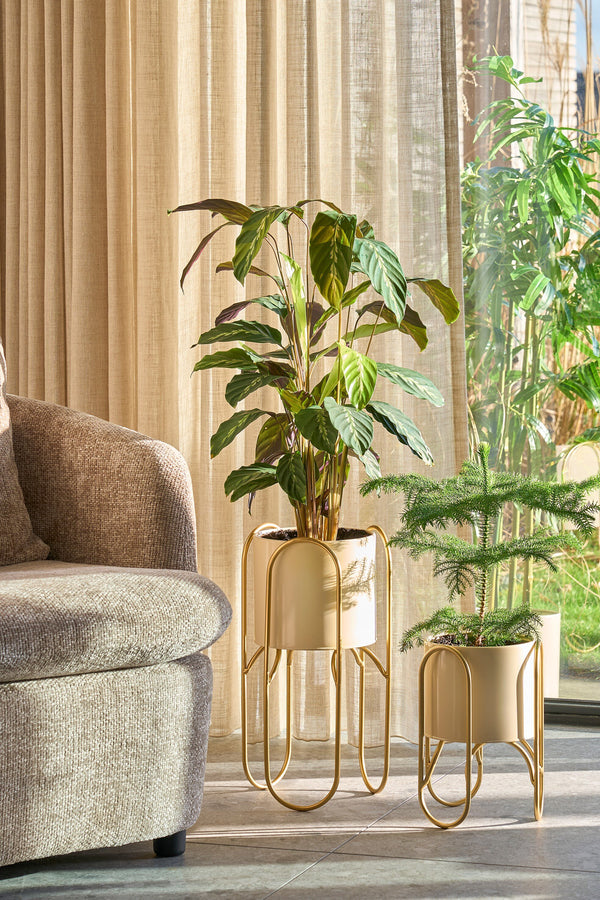 Vtwonen Mica Decorations Donau Bloempot Op Standaard - Set Van 2 - Metaal - H45 X Ø23 Cm - Lichtgeel Goud