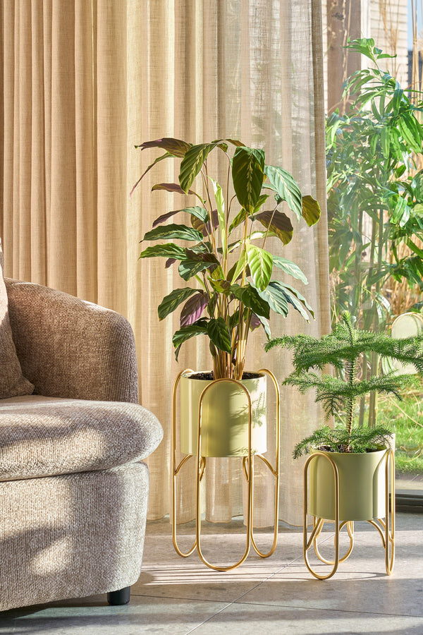 Vtwonen Mica Decorations Donau Bloempot Op Standaard - Set Van 2 - Metaal - H45 X Ø23 Cm - Lichtgroen Goud