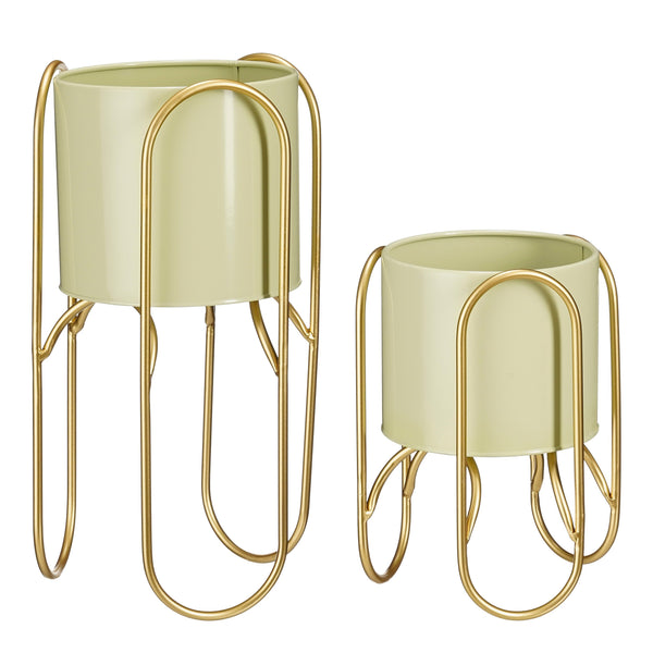 Vtwonen Mica Decorations Donau Bloempot Op Standaard - Set Van 2 - Metaal - H45 X Ø23 Cm - Lichtgroen Goud