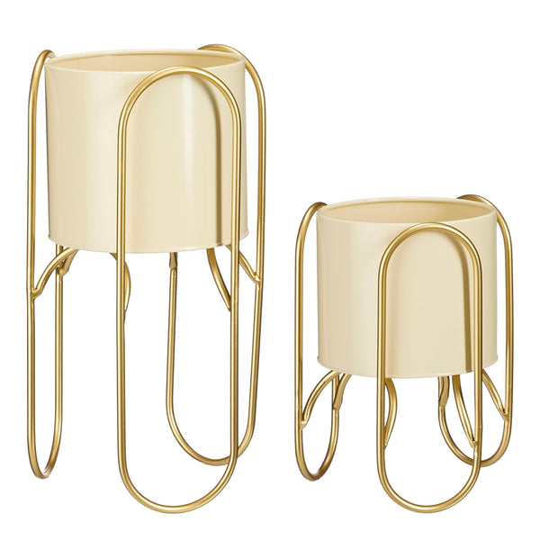 Vtwonen Mica Decorations Donau Bloempot Op Standaard - Set Van 2 - Metaal - H45 X Ø23 Cm - Lichtgeel Goud