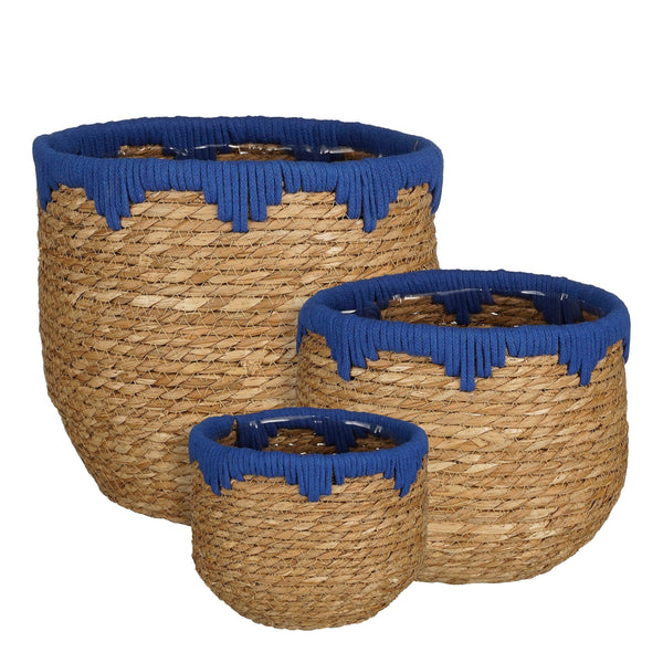 Vtwonen Mica Decorations Jorck Plantenmand - Set Van 3 - H24 X Ø26 Cm - Zeegras - Blauw Bruin