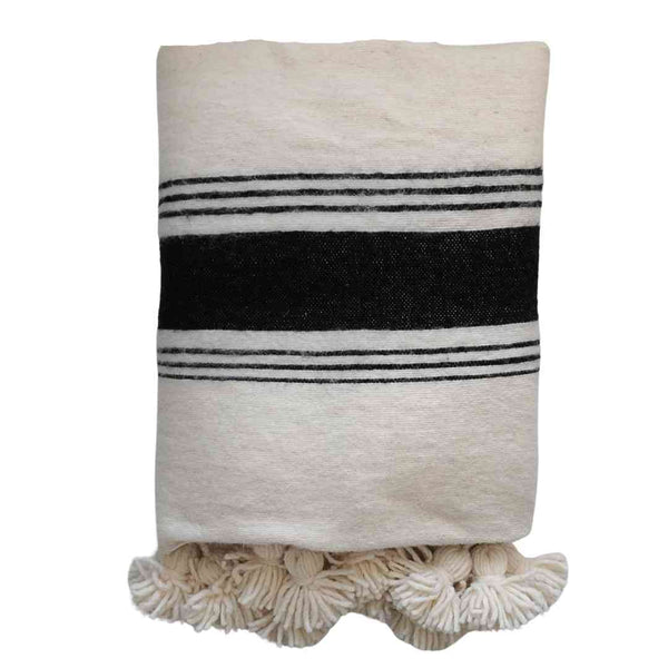 vtwonen MÔMÉ Plaid Pom Pom - wit/zwart - wol - 100 x 190 cm - striped design