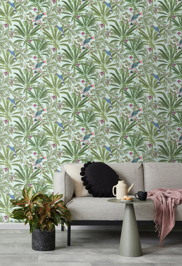 Vtwonen Walls4You Behang Tropische Jungle Bladeren En Paradijsvogels Mintgroen En Groen - 0 53 X 10 05 M - 935331