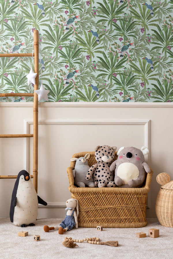 Vtwonen Walls4You Behang Tropische Jungle Bladeren En Paradijsvogels Mintgroen En Groen - 0 53 X 10 05 M - 935331