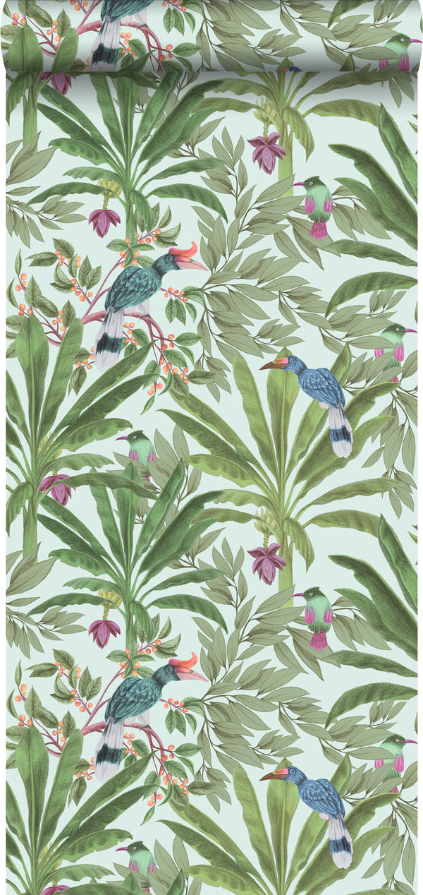 vtwonen Walls4You behang tropische jungle bladeren en paradijsvogels mintgroen en groen - 0 53 x 10 05 m - 935331
