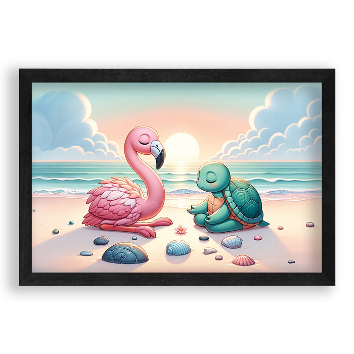 Walljar Strand Yoga Met Flamingo En Schildpad