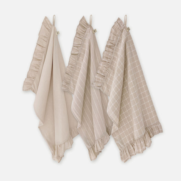 walra Keukenset Lovely Linen Ruffles Naturel 3x 50x70 cm