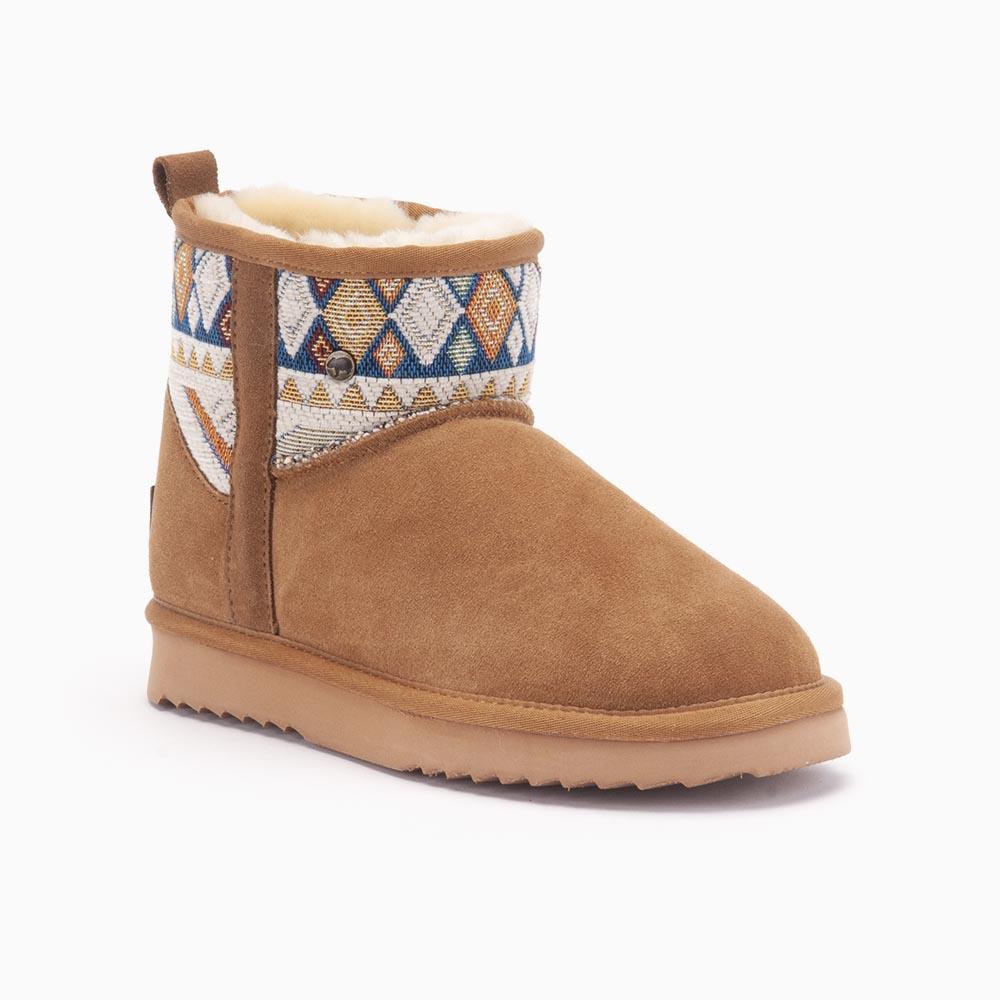 Warmbat Warmbat Wallaby Dames Suède Boot Woven Print Cognac