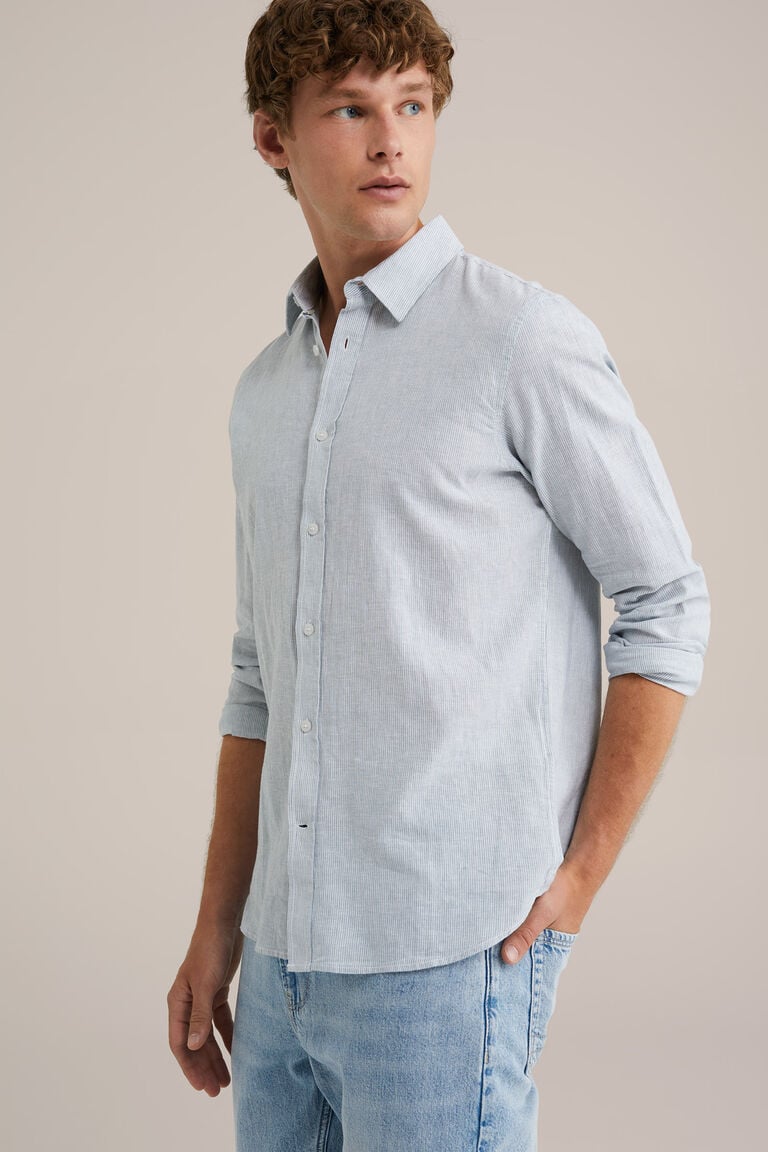 We Fashion Easy Care Gestreept Overhemd Van Linnenmix Groenblauw