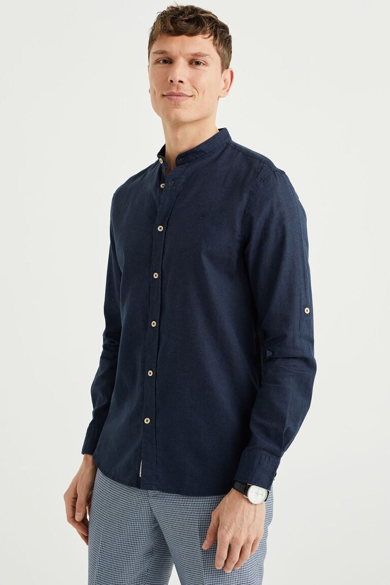 We Fashion Easy Care Overhemd Van Linnenmix Met Mao-kraag Donkerblauw