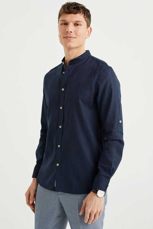 We Fashion Easy Care Overhemd Van Linnenmix Met Mao-kraag Donkerblauw