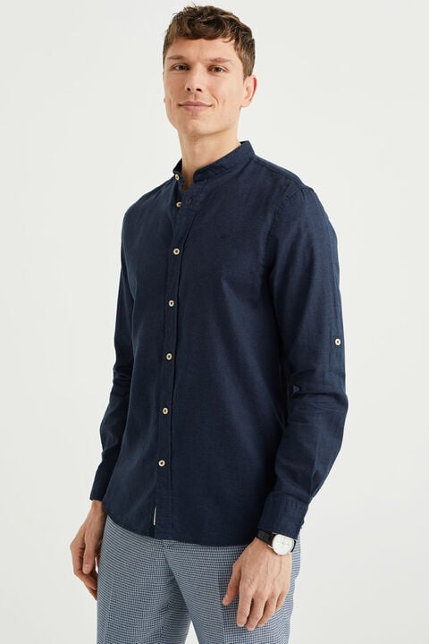 We Fashion Easy Care Overhemd Van Linnenmix Met Mao-kraag Donkerblauw