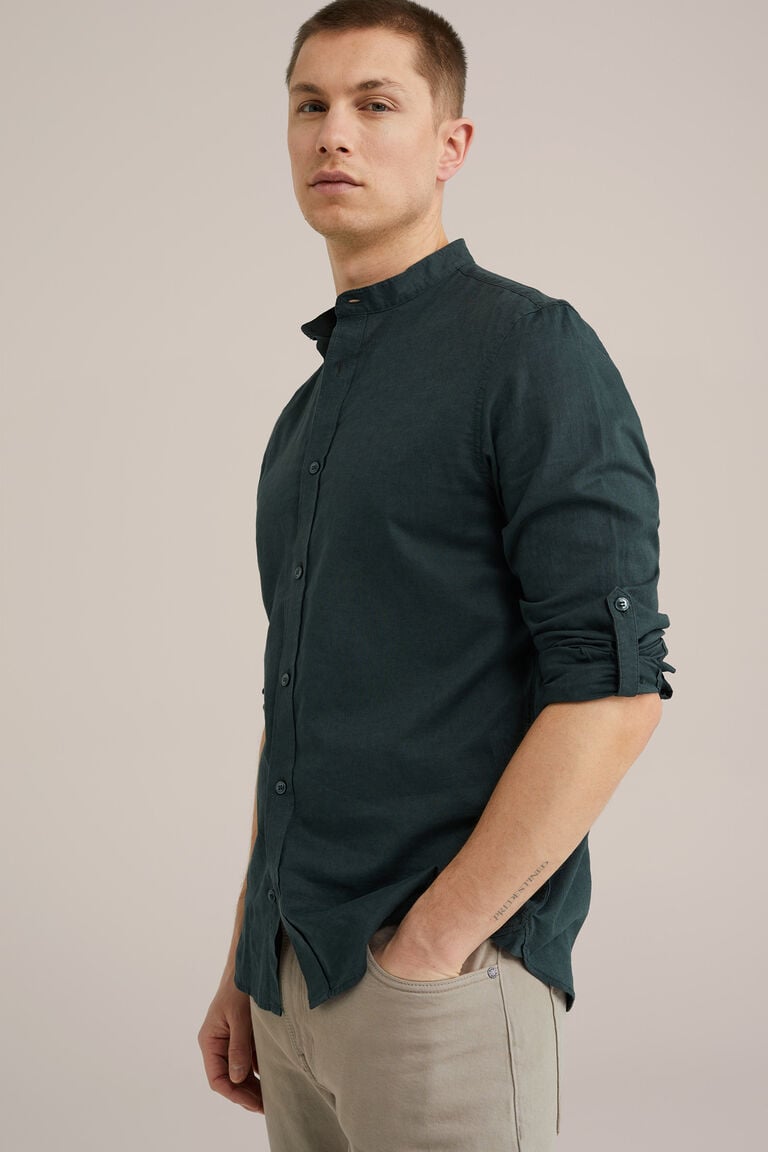 We Fashion Easy Care Overhemd Van Linnenmix Met Mao-kraag Donkergroen