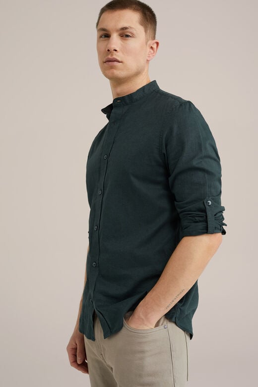 We Fashion Easy Care Overhemd Van Linnenmix Met Mao-kraag Donkergroen