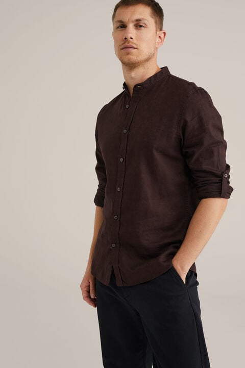 we fashion easy care overhemd van linnenmix met mao-kraag Donkerbruin