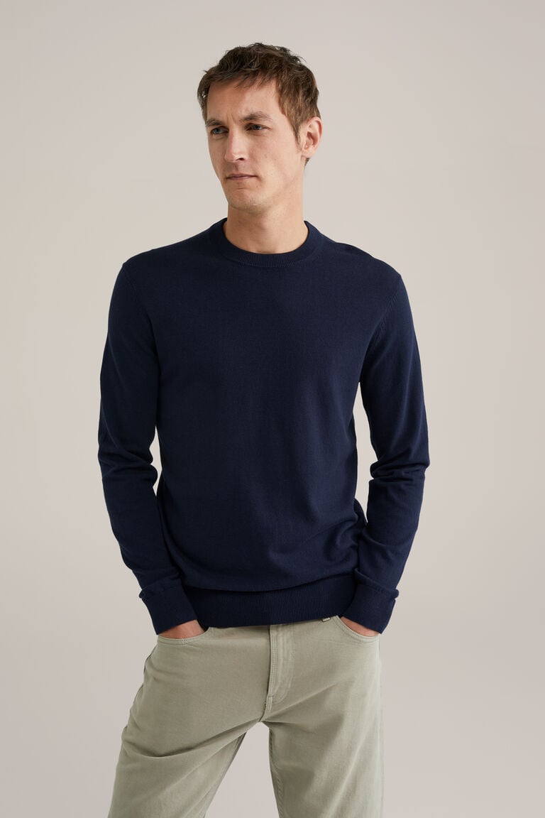 We Fashion Fijngebreide Trui Van Katoenmix Marineblauw