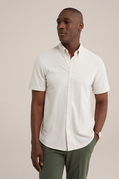 We Fashion Heren Overhemd Van Piquéjersey Met Stretch Gebroken Wit