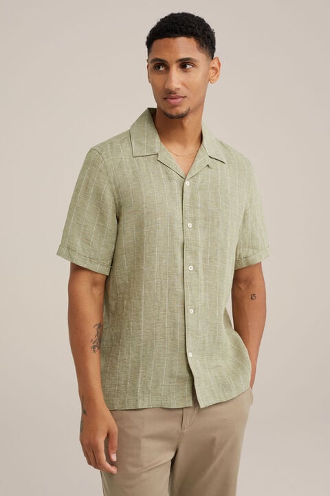 we fashion premium korte mouw linen overhemd met streep Olijfgroen