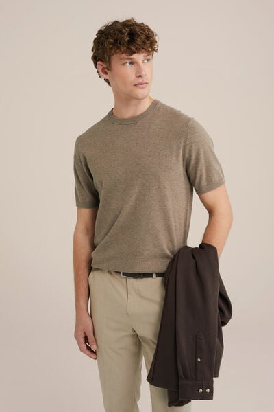 We Fashion Regular Fit Fijngebreid T-shirt Van Katoenmix Donkergrijs Gemeleerd