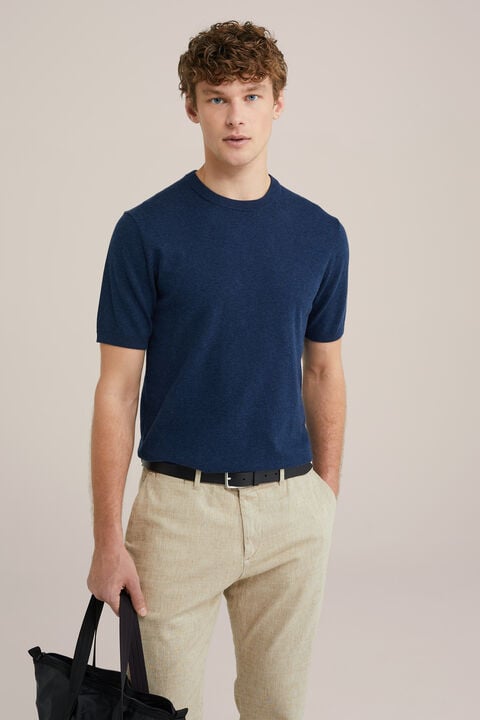 we fashion Regular fit fijngebreid T-shirt van katoenmix Marineblauw