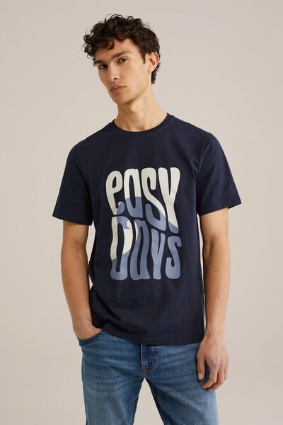 We Fashion Regular Fit T-shirt Met Opdruk Donkerblauw