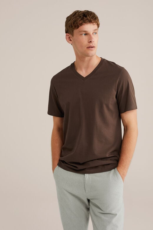 We Fashion Regular Fit T-shirt Met V-hals Donkerbruin