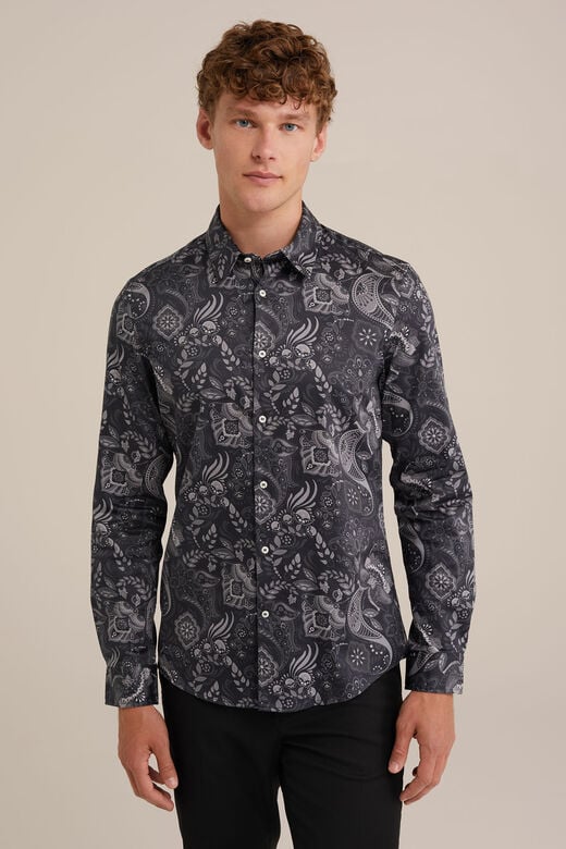 We Fashion Satijn Look Overhemd Met Dessin Donkergrijs