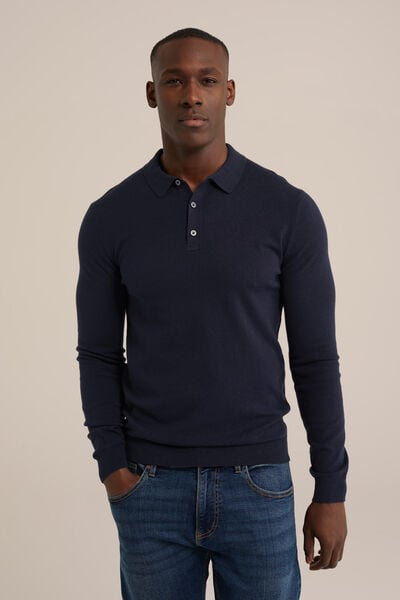 We Fashion Fijngebreide Polo Donkerblauw