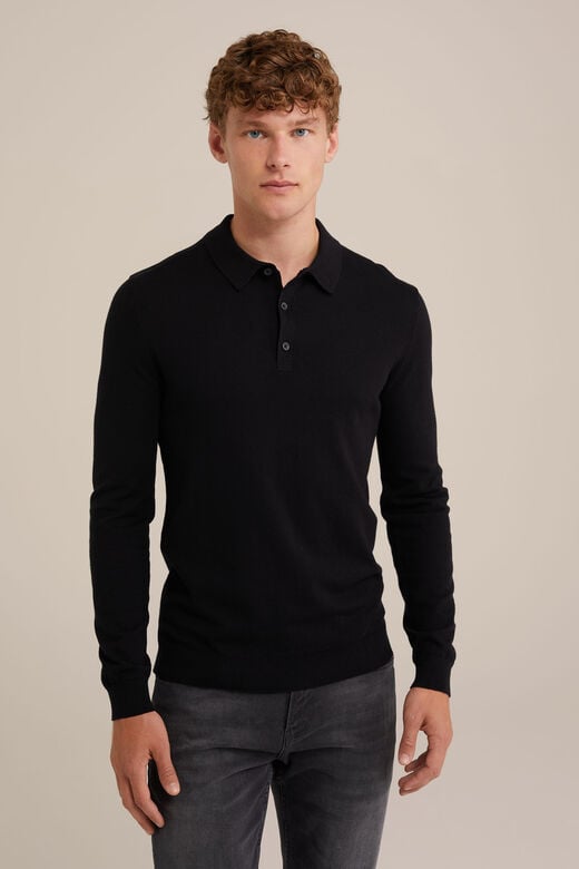 We Fashion Fijngebreide Polo Zwart